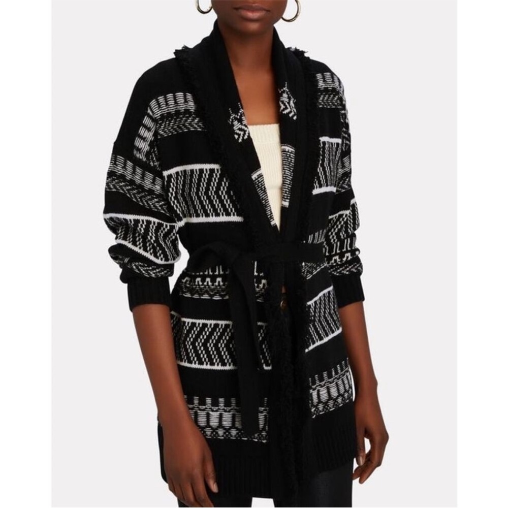 INTERMIX Fringed Wool Cashmere Black White Belted Knit Blanket Cardigan Small